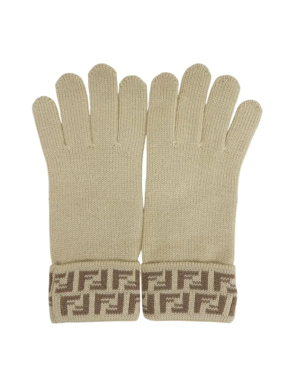 Fendi Wool 100% Zucchino FF Logo Knit Gloves Beige TU